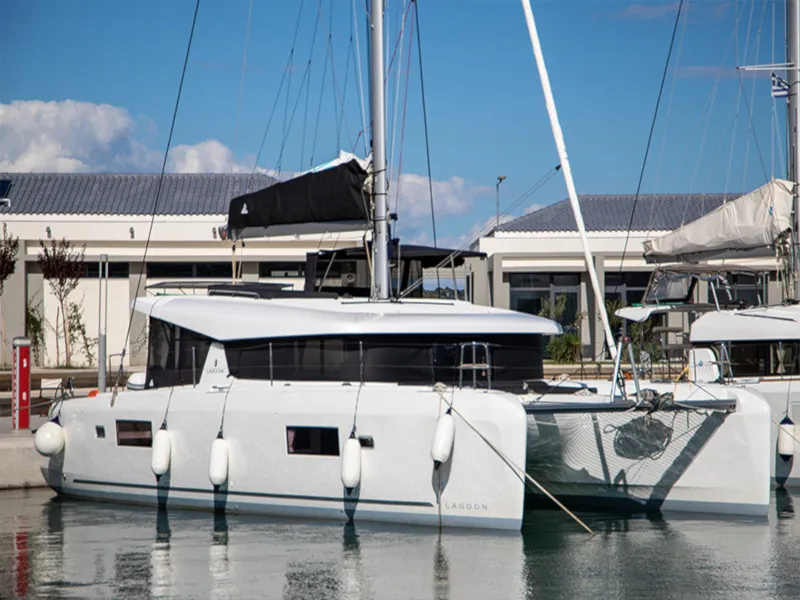 Exterior view of Dioni, a Lagoon 42 catamaran at Preveza, Greece