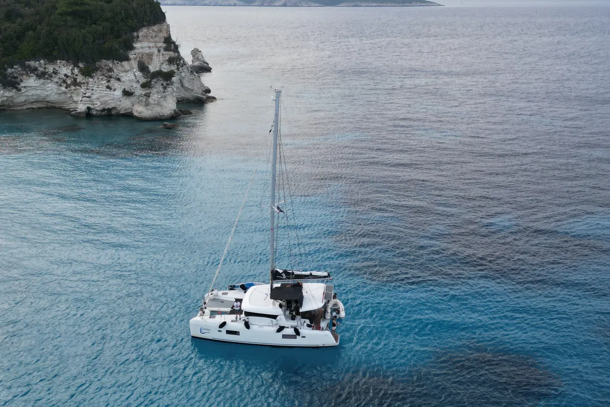 Exterior view of Dioni, a Lagoon 42 catamaran at Preveza, Greece