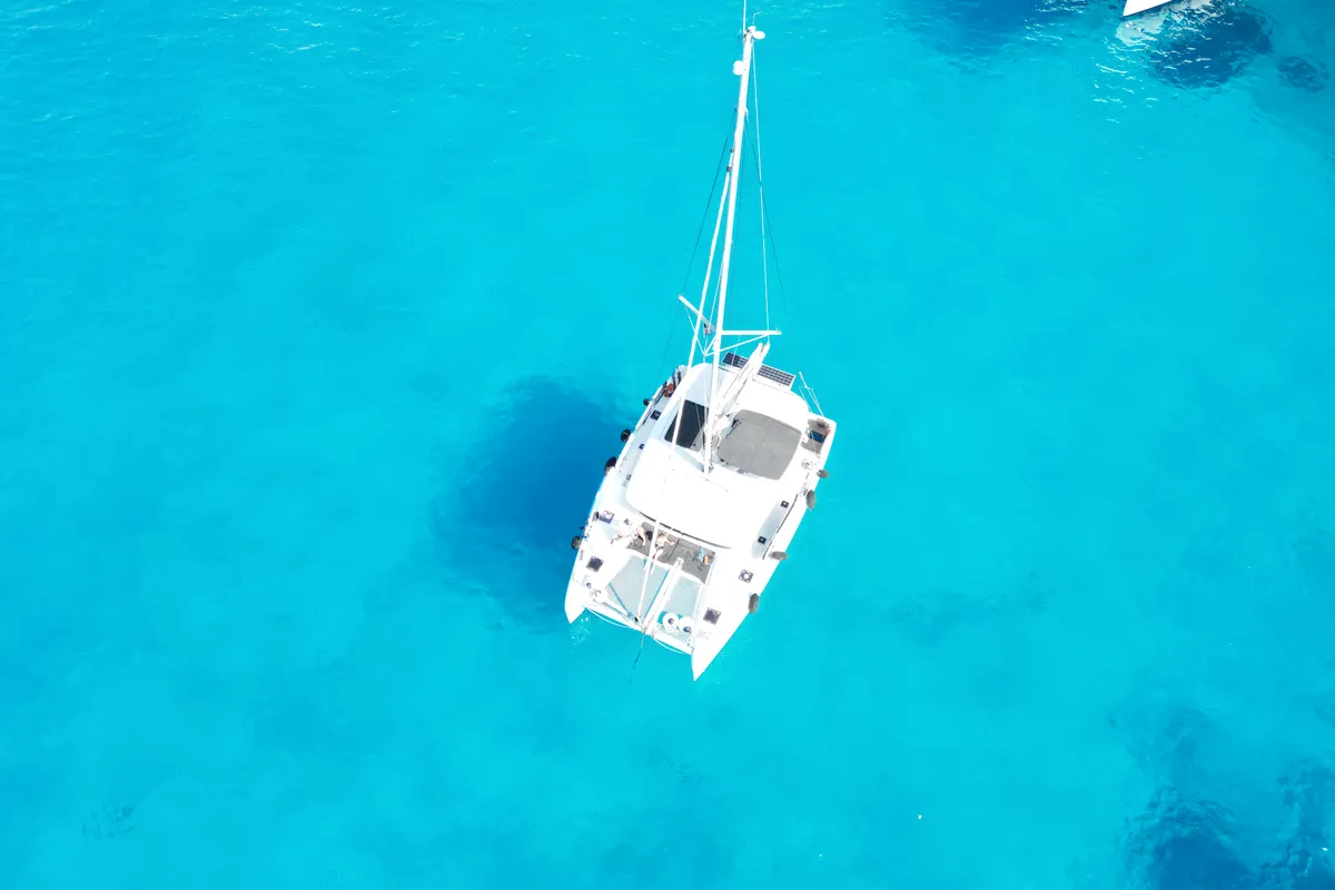 Exterior view of Dioni, a Lagoon 42 catamaran at Preveza, Greece