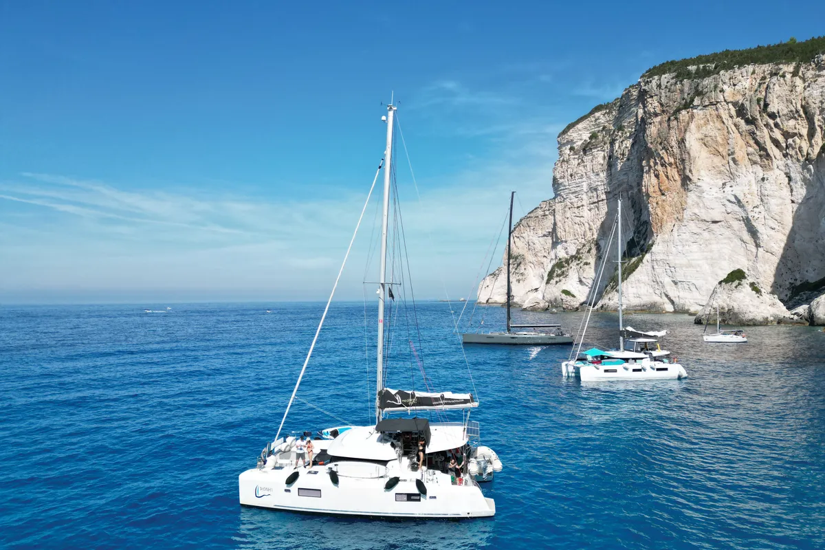 Exterior view of Dioni, a Lagoon 42 catamaran at Preveza, Greece