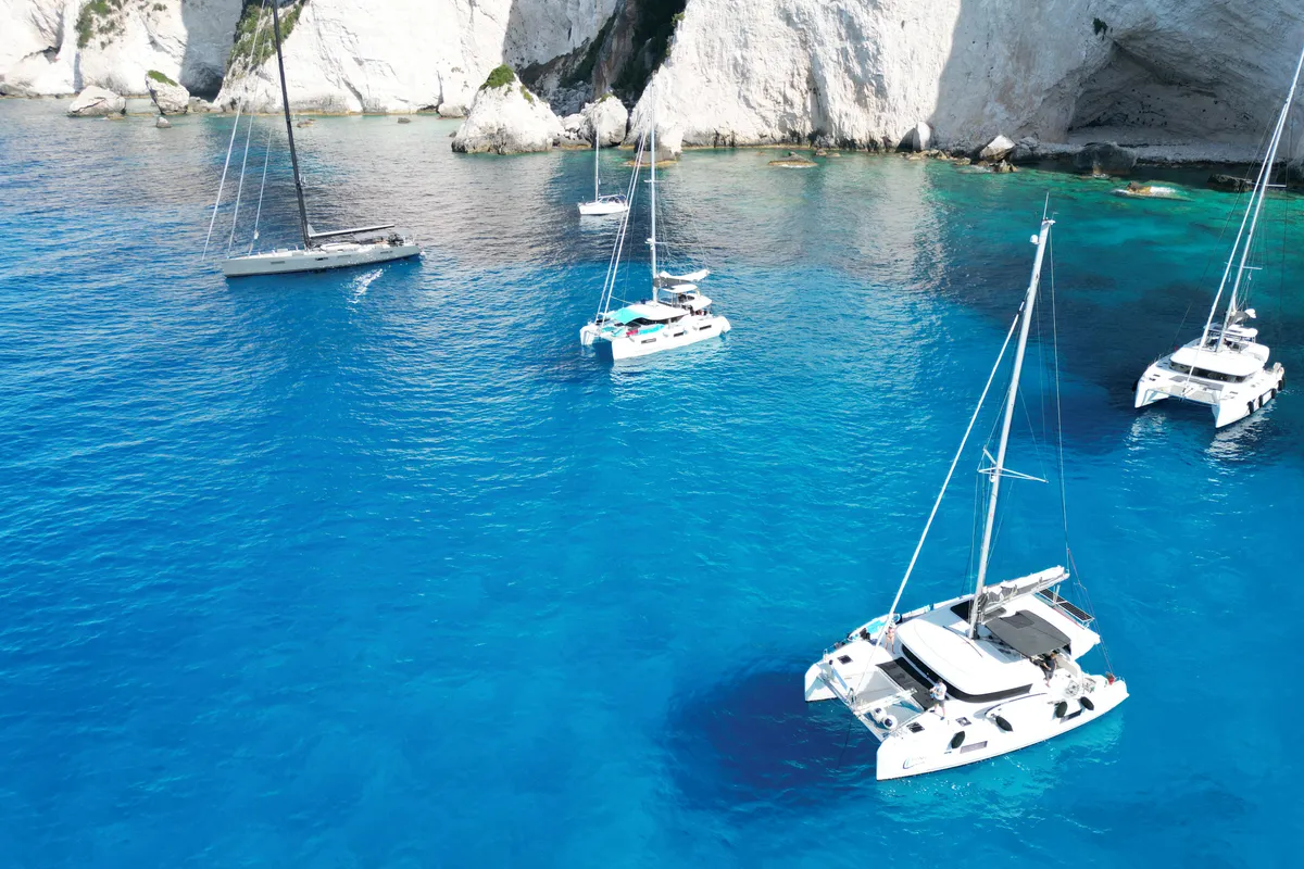Exterior view of Dioni, a Lagoon 42 catamaran at Preveza, Greece