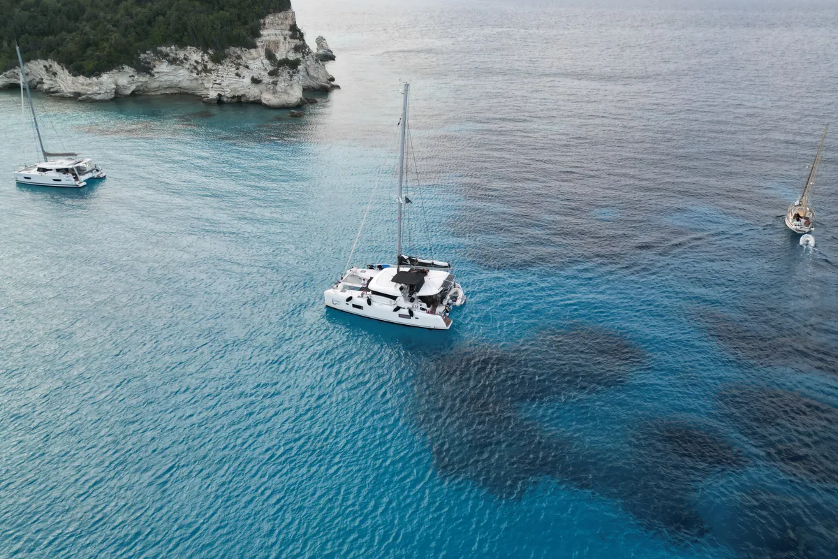 Exterior view of Dioni, a Lagoon 42 catamaran at Preveza, Greece