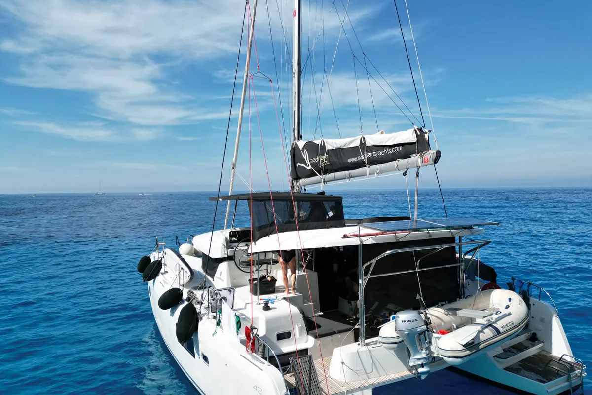 Exterior view of Dioni, a Lagoon 42 catamaran at Preveza, Greece
