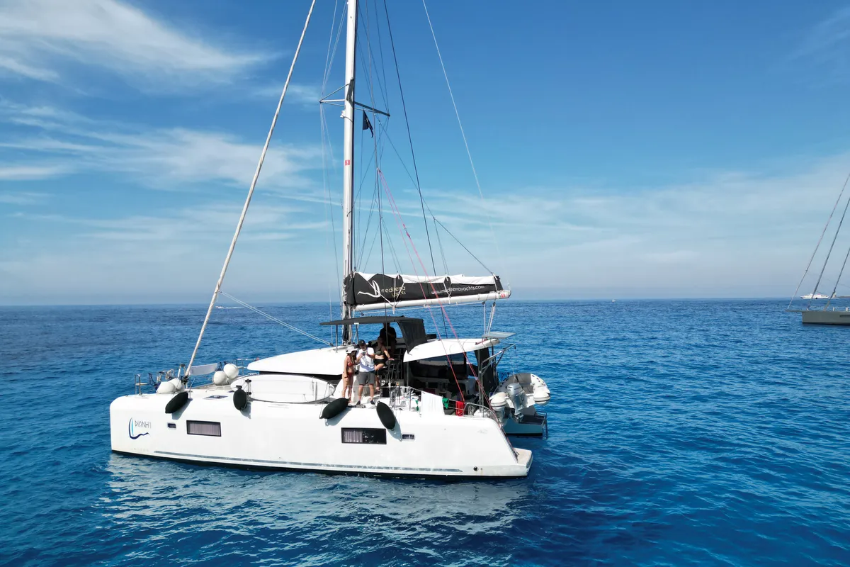 Exterior view of Dioni, a Lagoon 42 catamaran at Preveza, Greece