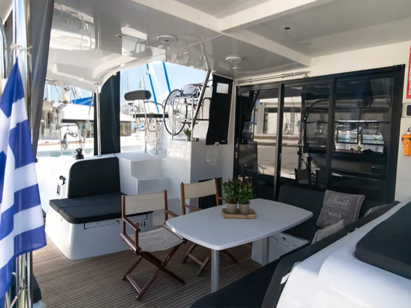 Cockpit of Dioni, a Lagoon 42 catamaran at Preveza, Greece