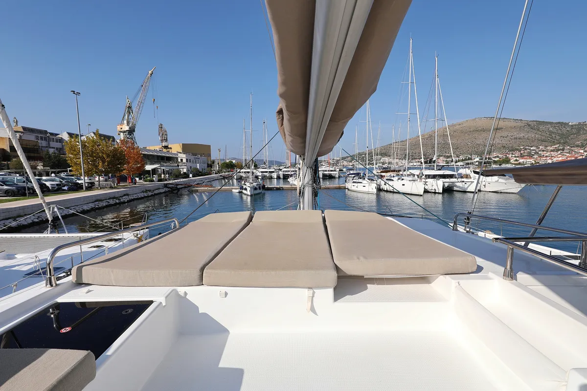 Deck of Feeling Free, a Fountaine Pajot Saba 50 catamaran at Općina Rogoznica, Croatia