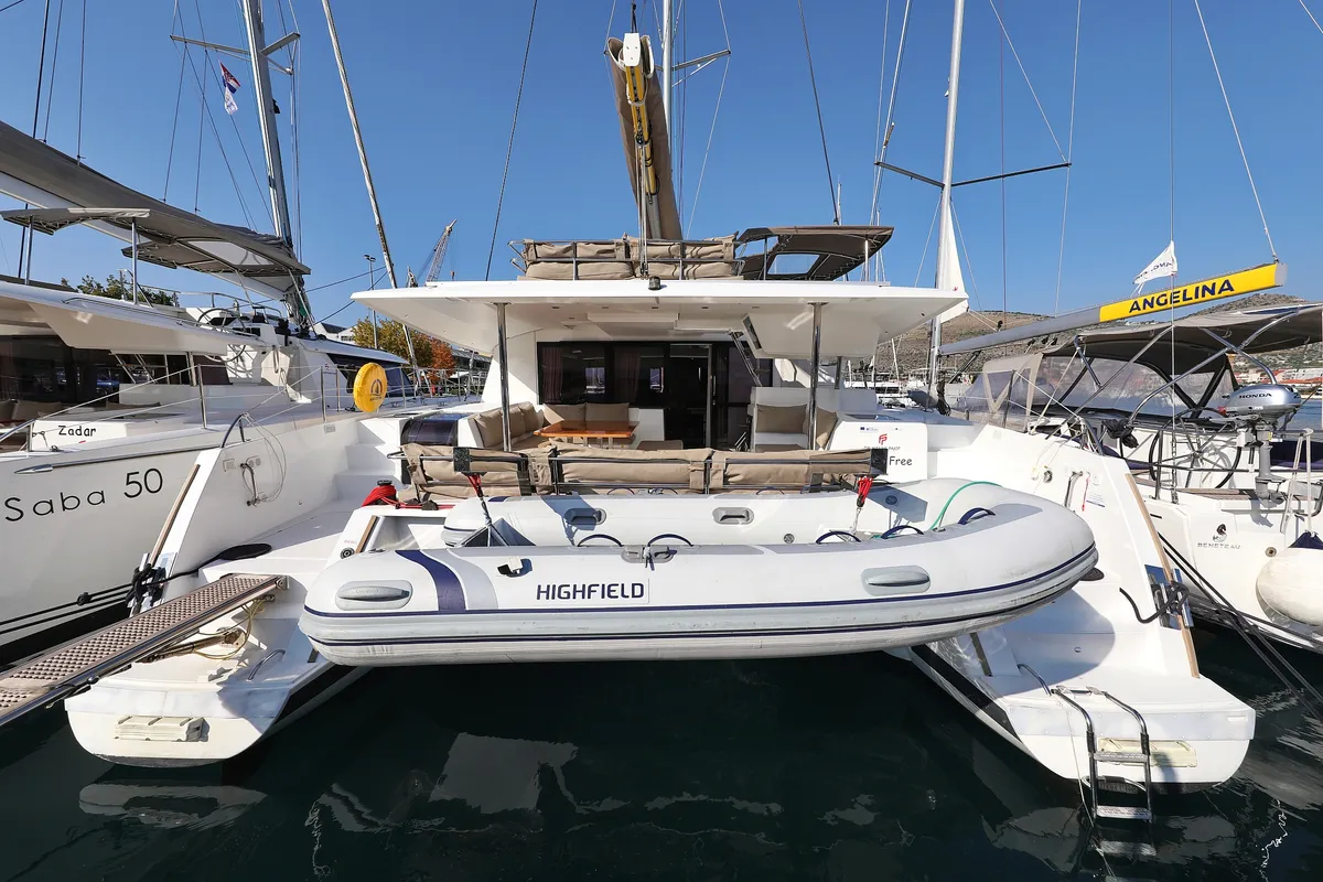 Exterior view of Feeling Free, a Fountaine Pajot Saba 50 catamaran at Općina Rogoznica, Croatia
