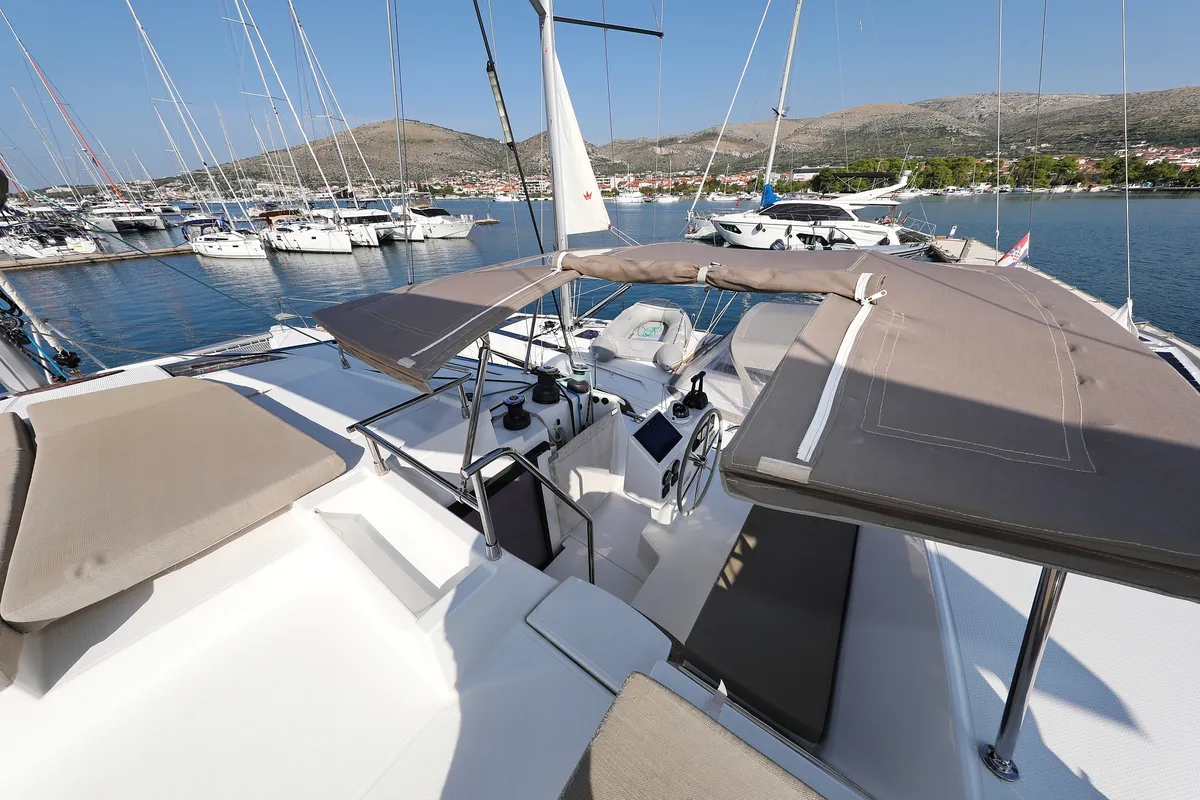 Cockpit of Feeling Free, a Fountaine Pajot Saba 50 catamaran at Općina Rogoznica, Croatia