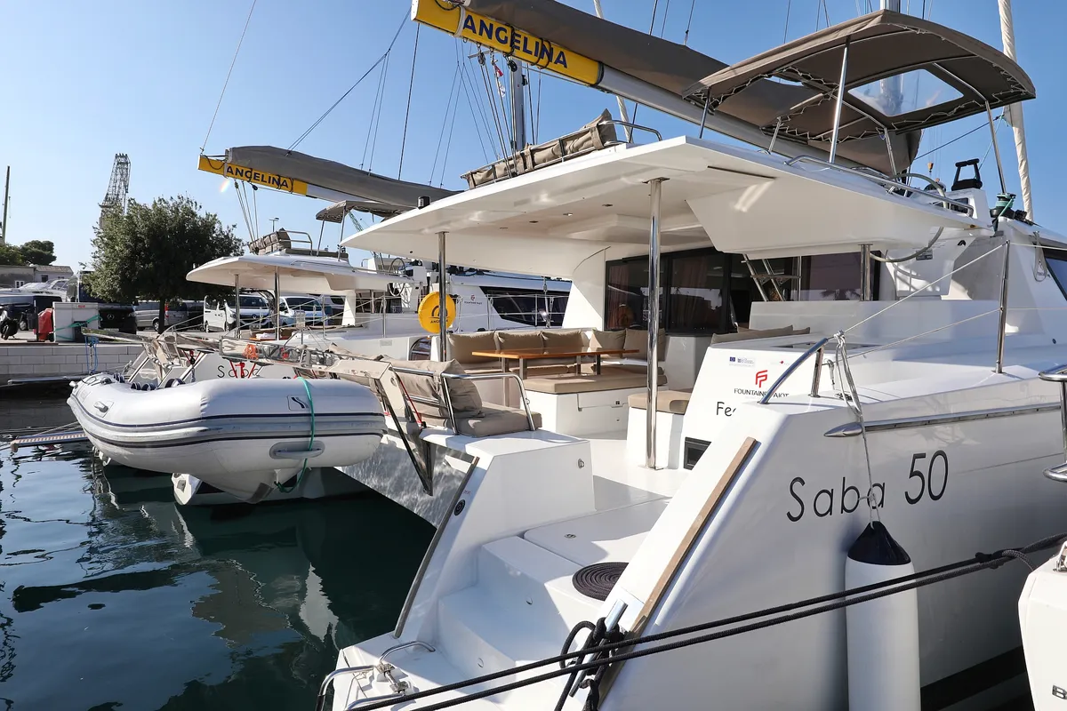 Exterior view of Feeling Free, a Fountaine Pajot Saba 50 catamaran at Općina Rogoznica, Croatia