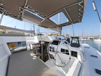 Cockpit of Feeling Free, a Fountaine Pajot Saba 50 catamaran at Općina Rogoznica, Croatia