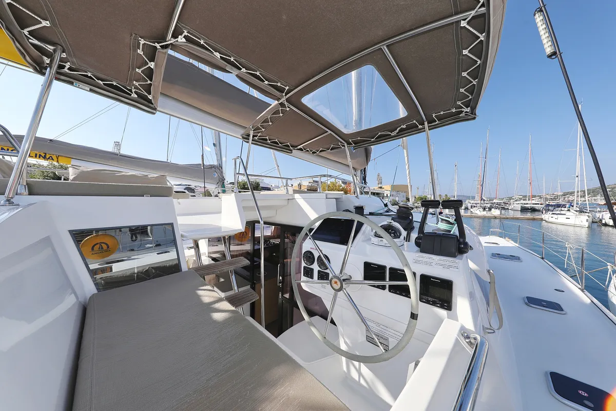 Cockpit of Feeling Free, a Fountaine Pajot Saba 50 catamaran at Općina Rogoznica, Croatia