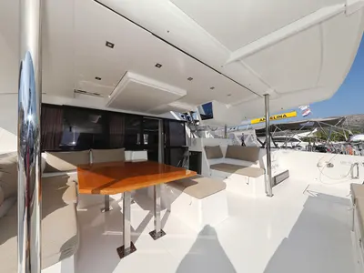 Deck of Feeling Free, a Fountaine Pajot Saba 50 catamaran at Općina Rogoznica, Croatia