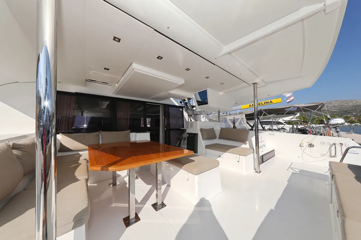 Deck of Feeling Free, a Fountaine Pajot Saba 50 catamaran at Općina Rogoznica, Croatia