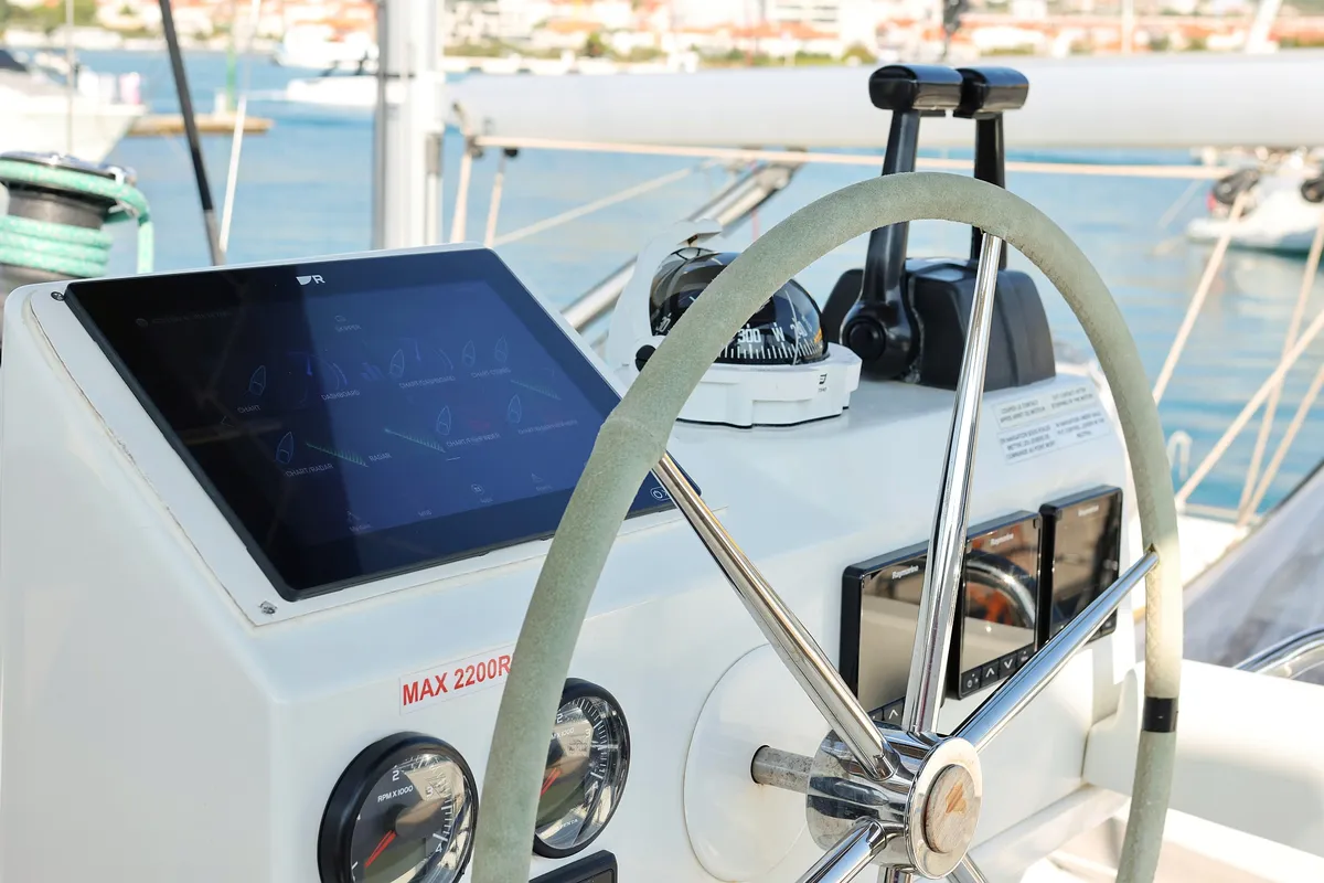 Cockpit of Feeling Free, a Fountaine Pajot Saba 50 catamaran at Općina Rogoznica, Croatia