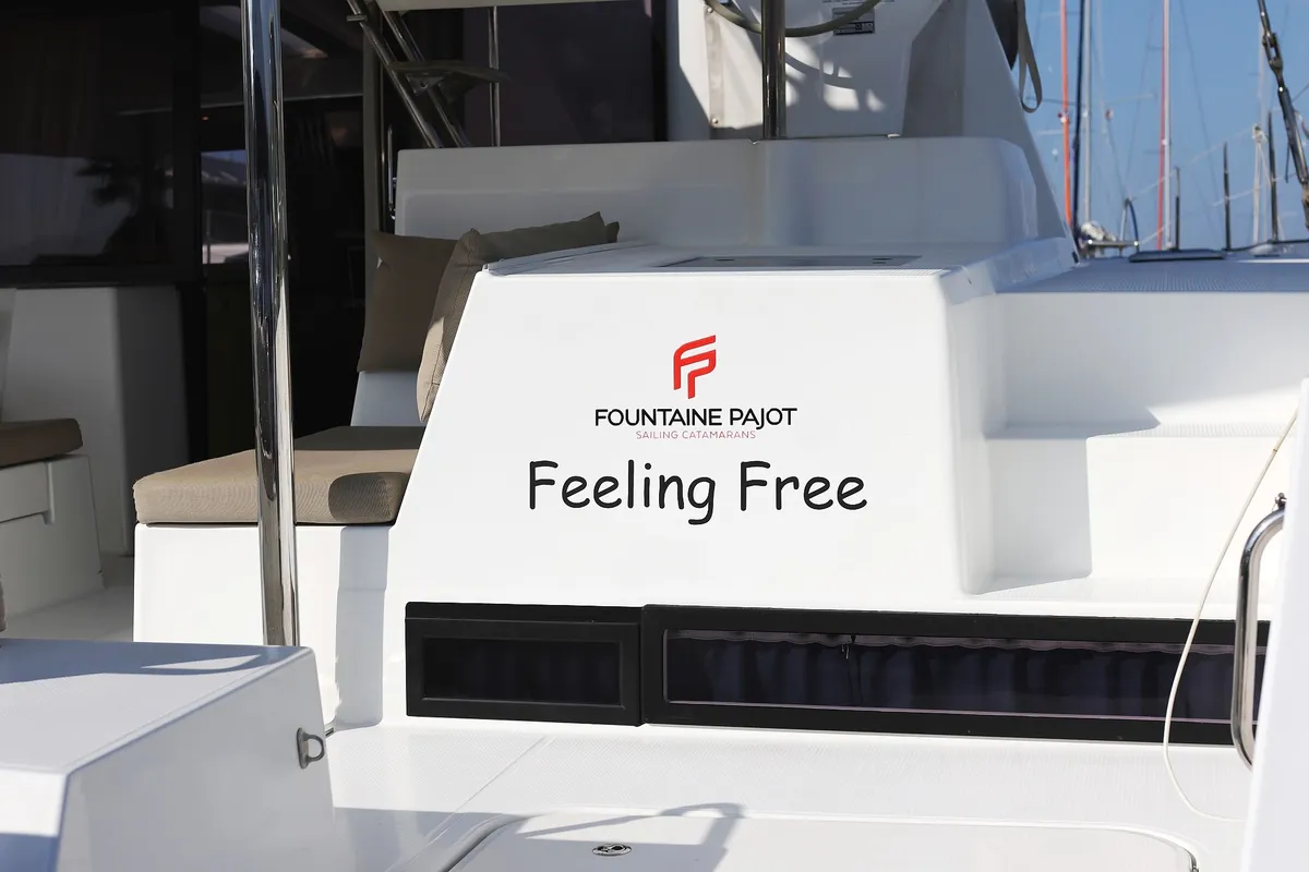 Exterior view of Feeling Free, a Fountaine Pajot Saba 50 catamaran at Općina Rogoznica, Croatia
