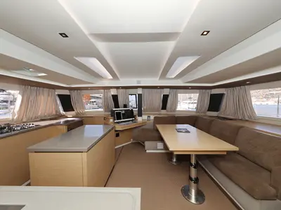 Salon of Feeling Free, a Fountaine Pajot Saba 50 catamaran at Općina Rogoznica, Croatia