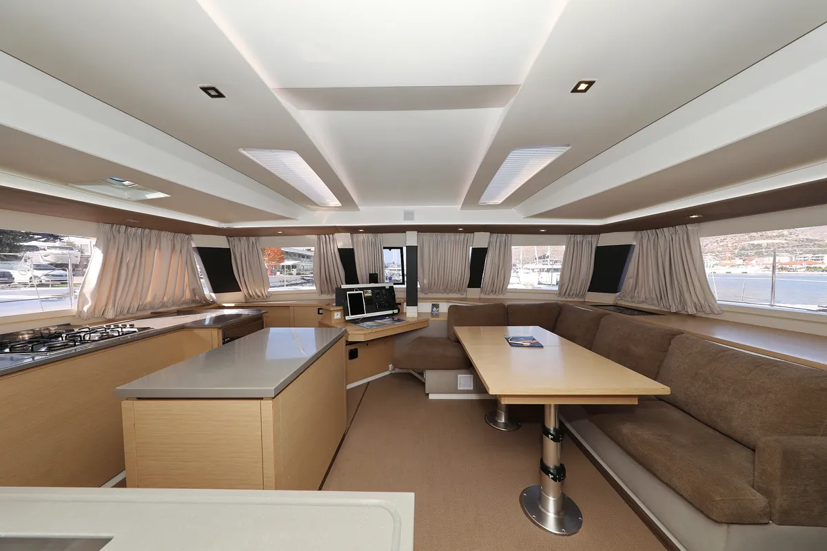 Salon of Feeling Free, a Fountaine Pajot Saba 50 catamaran at Općina Rogoznica, Croatia