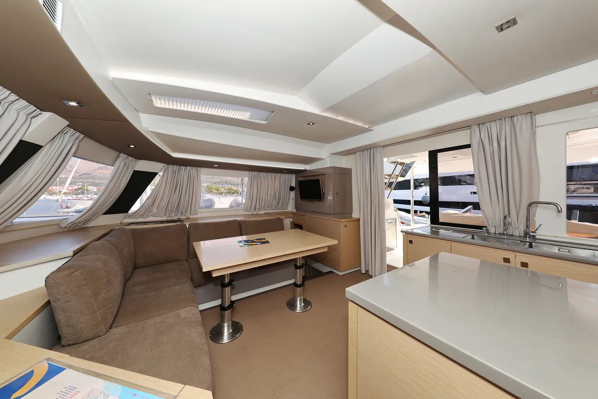 Salon of Feeling Free, a Fountaine Pajot Saba 50 catamaran at Općina Rogoznica, Croatia