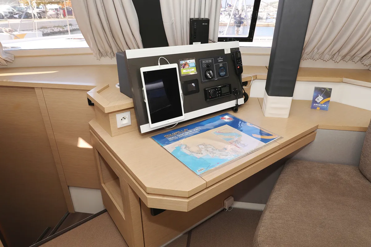 Salon of Feeling Free, a Fountaine Pajot Saba 50 catamaran at Općina Rogoznica, Croatia