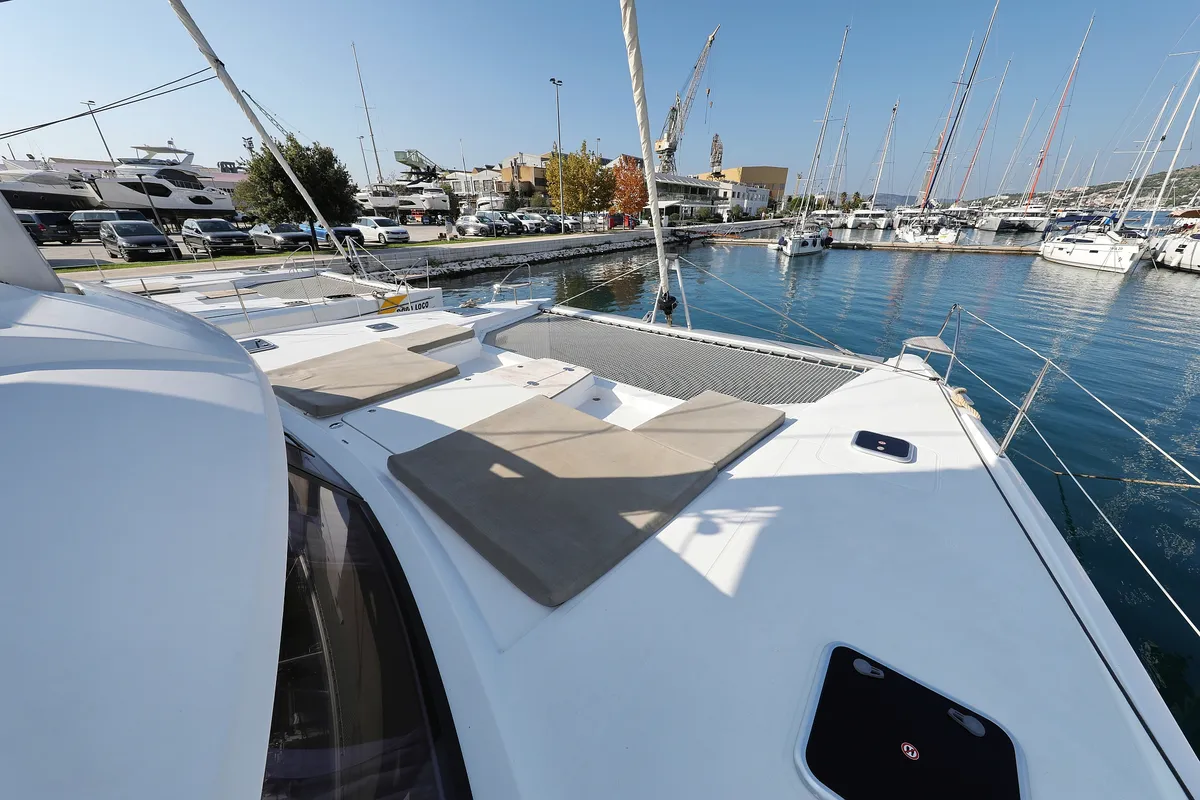 Deck of Feeling Free, a Fountaine Pajot Saba 50 catamaran at Općina Rogoznica, Croatia