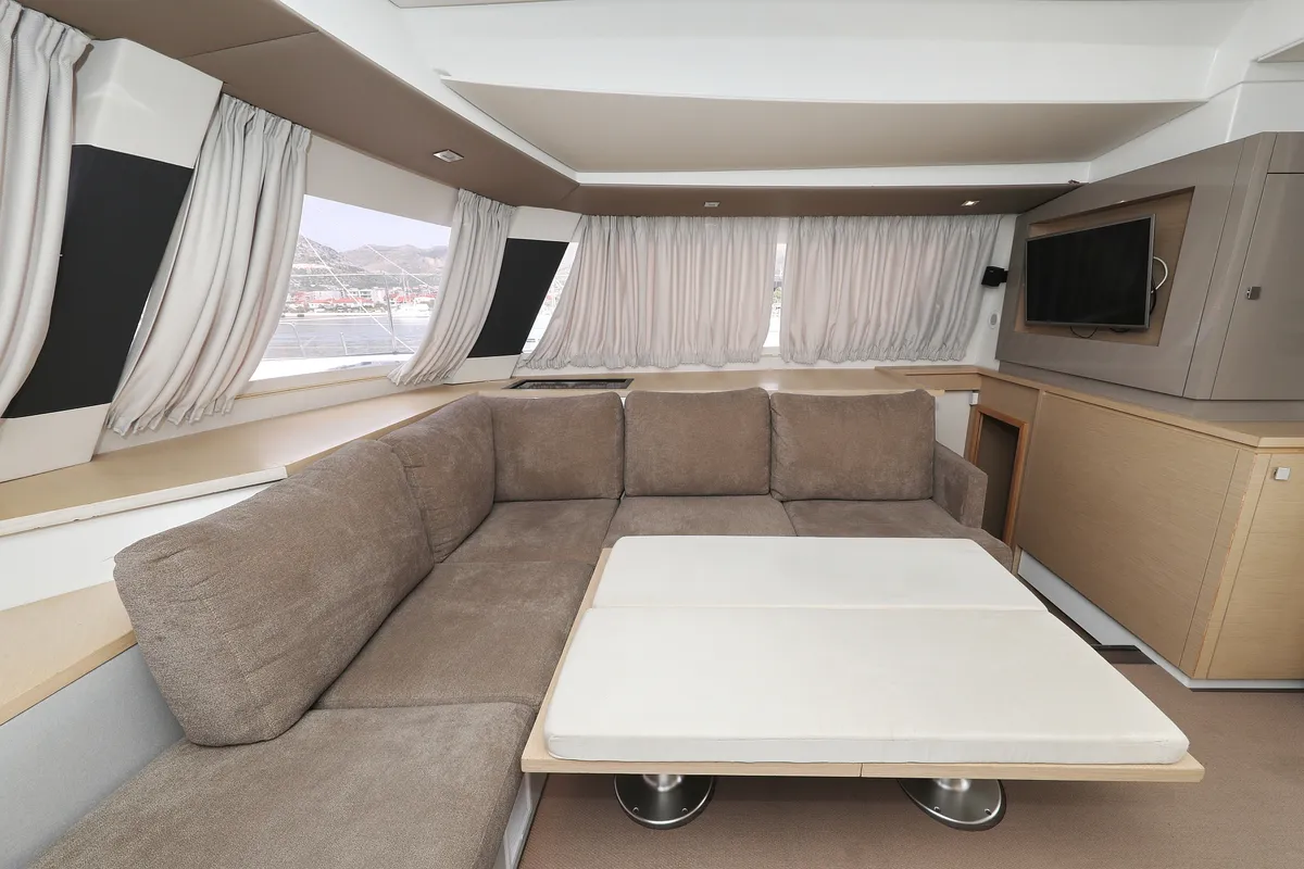 Salon of Feeling Free, a Fountaine Pajot Saba 50 catamaran at Općina Rogoznica, Croatia