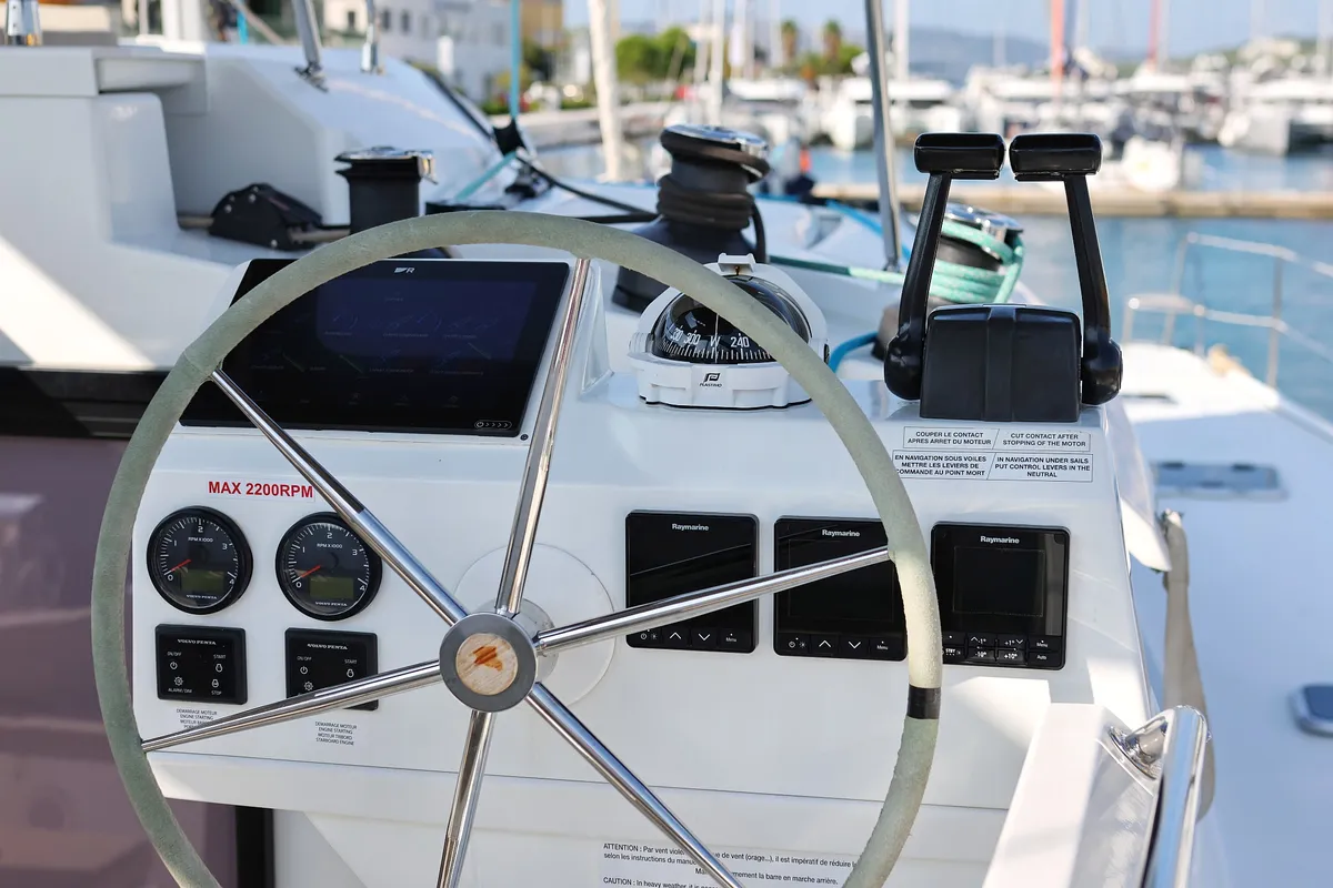 Cockpit of Feeling Free, a Fountaine Pajot Saba 50 catamaran at Općina Rogoznica, Croatia