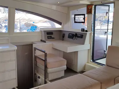 Cockpit of Premium, a Leopard 48 catamaran at Azam Marina, Tanzania