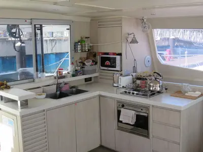 Galley of Premium, a Leopard 48 catamaran at Azam Marina, Tanzania