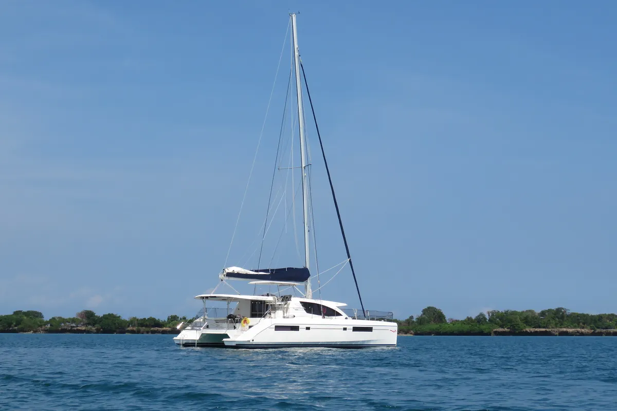 Exterior view of Premium, a Leopard 48 catamaran at Azam Marina, Tanzania