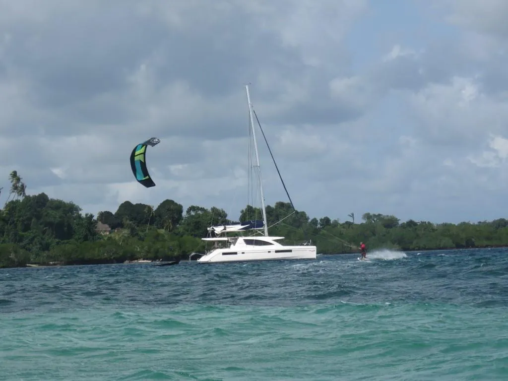 Exterior view of Premium, a Leopard 48 catamaran at Azam Marina, Tanzania