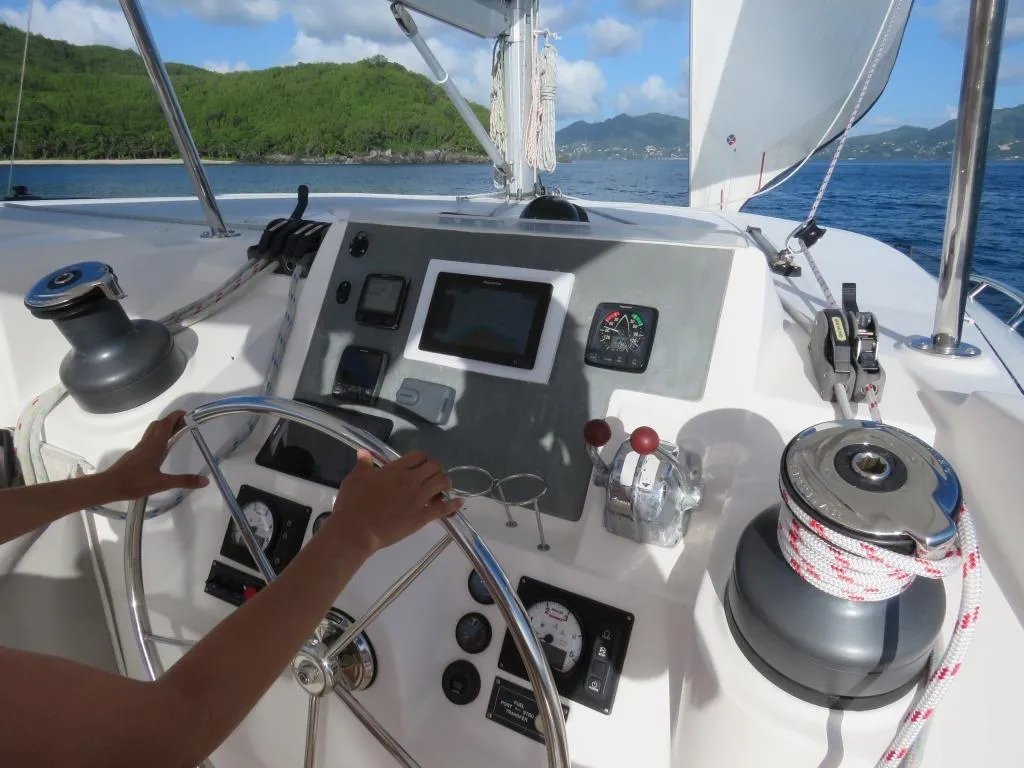Cockpit of Premium, a Leopard 48 catamaran at Azam Marina, Tanzania