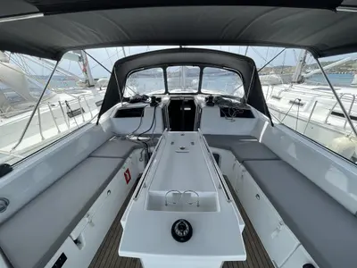 Cockpit of LOL, a Beneteau Oceanis 40.1 sailboat at Lavreotiki, Greece