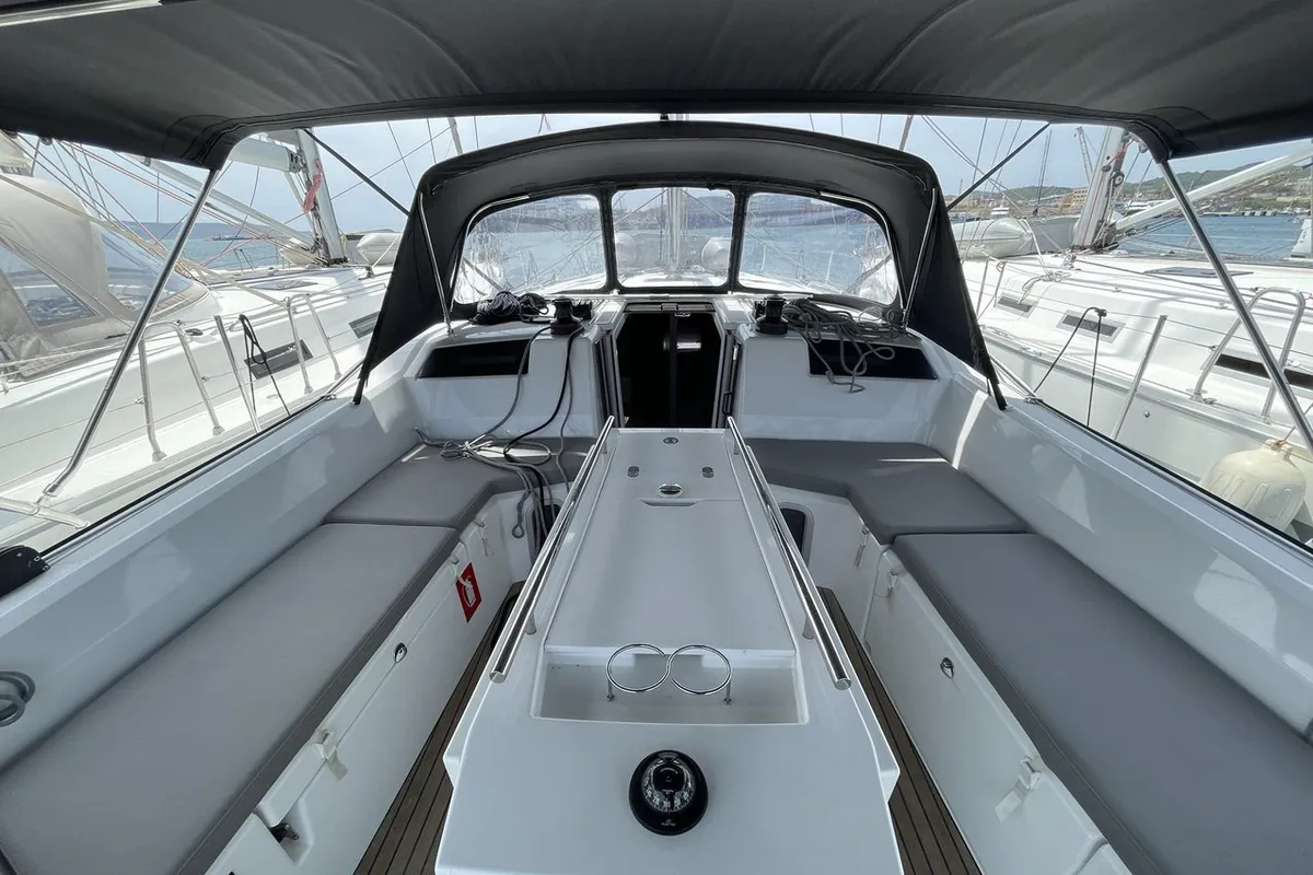 Cockpit of LOL, a Beneteau Oceanis 40.1 sailboat at Lavreotiki, Greece