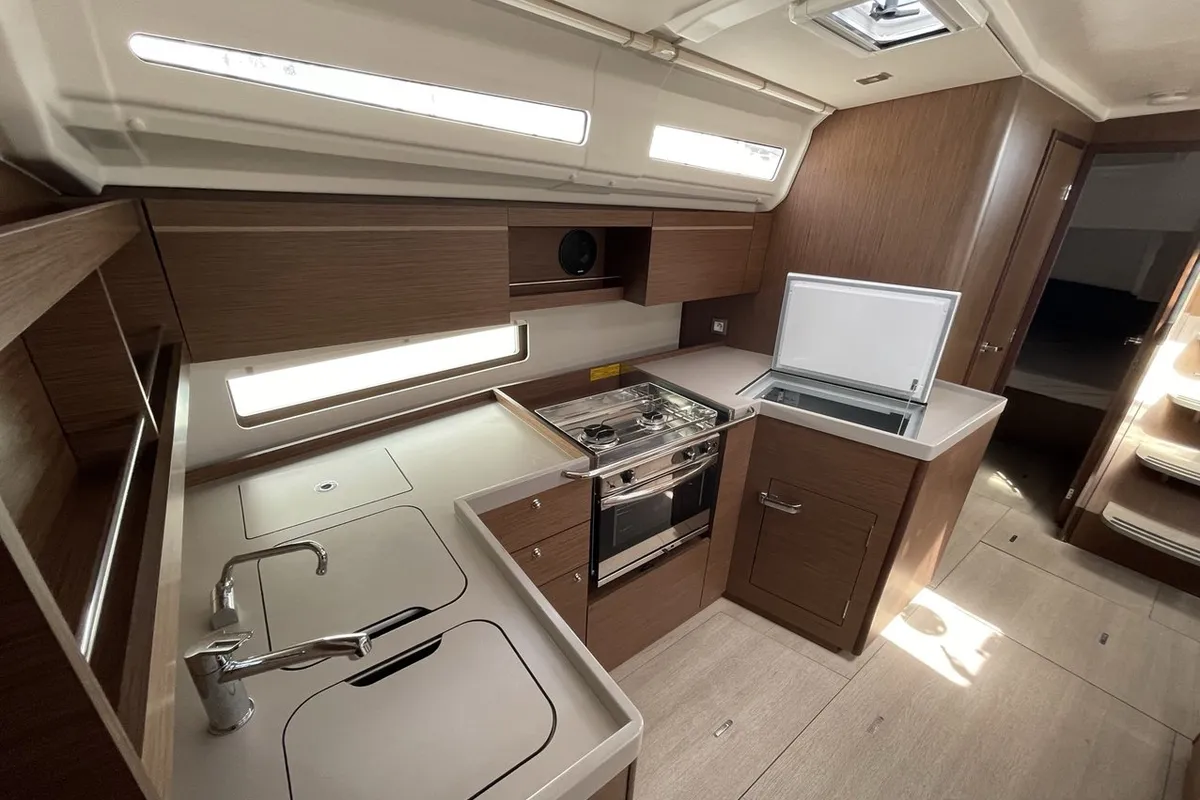 Galley of LOL, a Beneteau Oceanis 40.1 sailboat at Lavreotiki, Greece