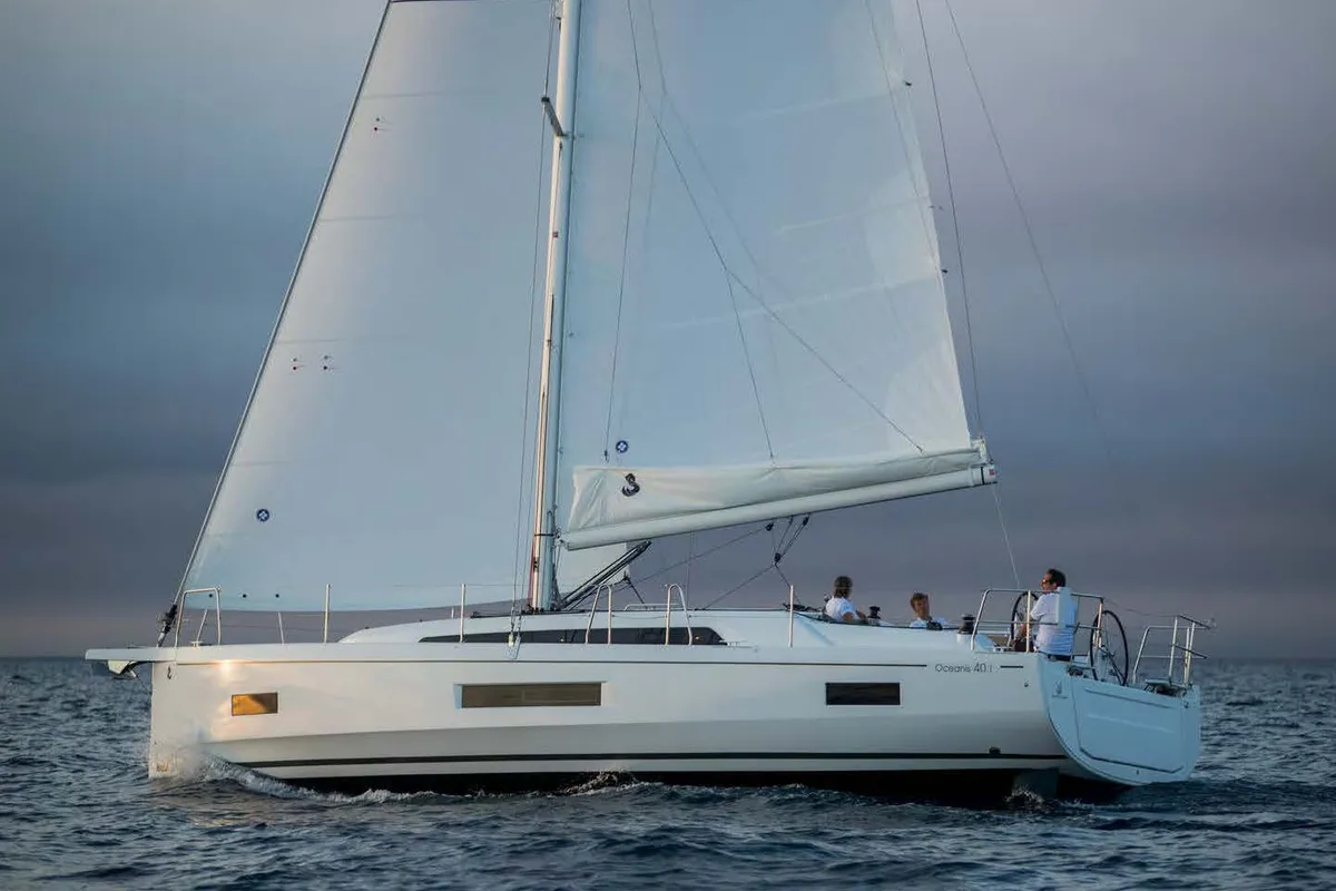 Exterior view of LOL, a Beneteau Oceanis 40.1 sailboat at Lavreotiki, Greece