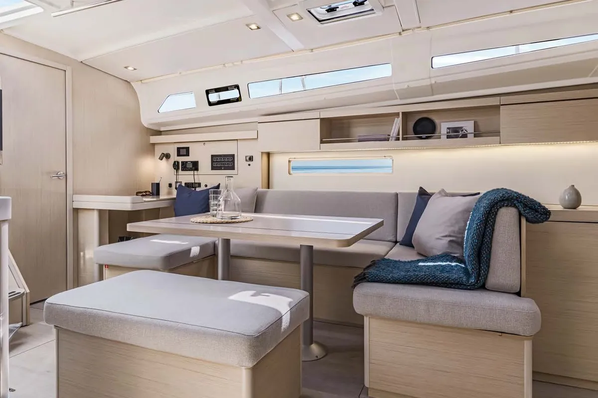 Salon of LOL, a Beneteau Oceanis 40.1 sailboat at Lavreotiki, Greece