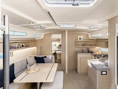Salon of LOL, a Beneteau Oceanis 40.1 sailboat at Lavreotiki, Greece