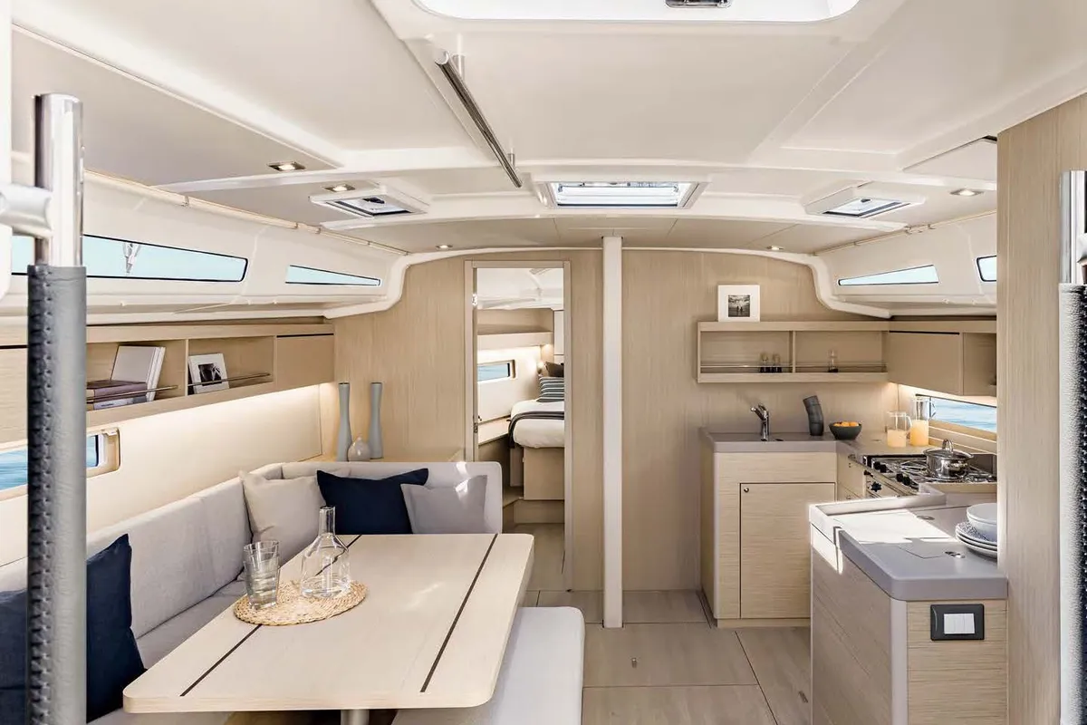 Salon of LOL, a Beneteau Oceanis 40.1 sailboat at Lavreotiki, Greece