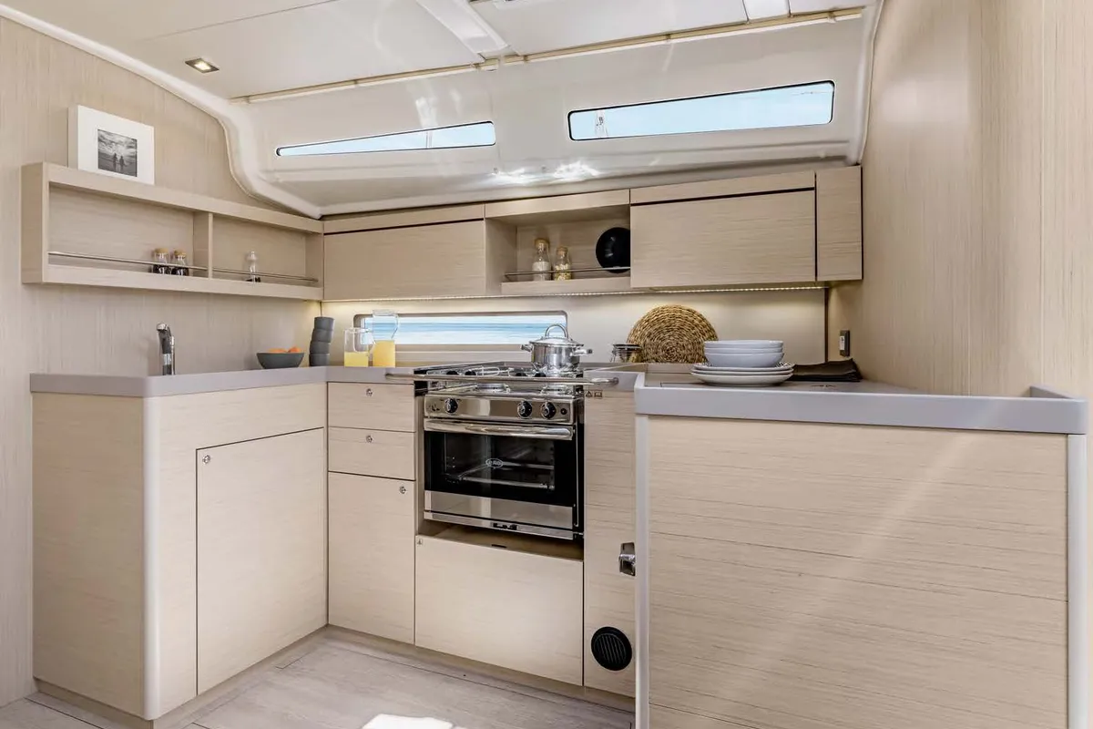 Galley of LOL, a Beneteau Oceanis 40.1 sailboat at Lavreotiki, Greece