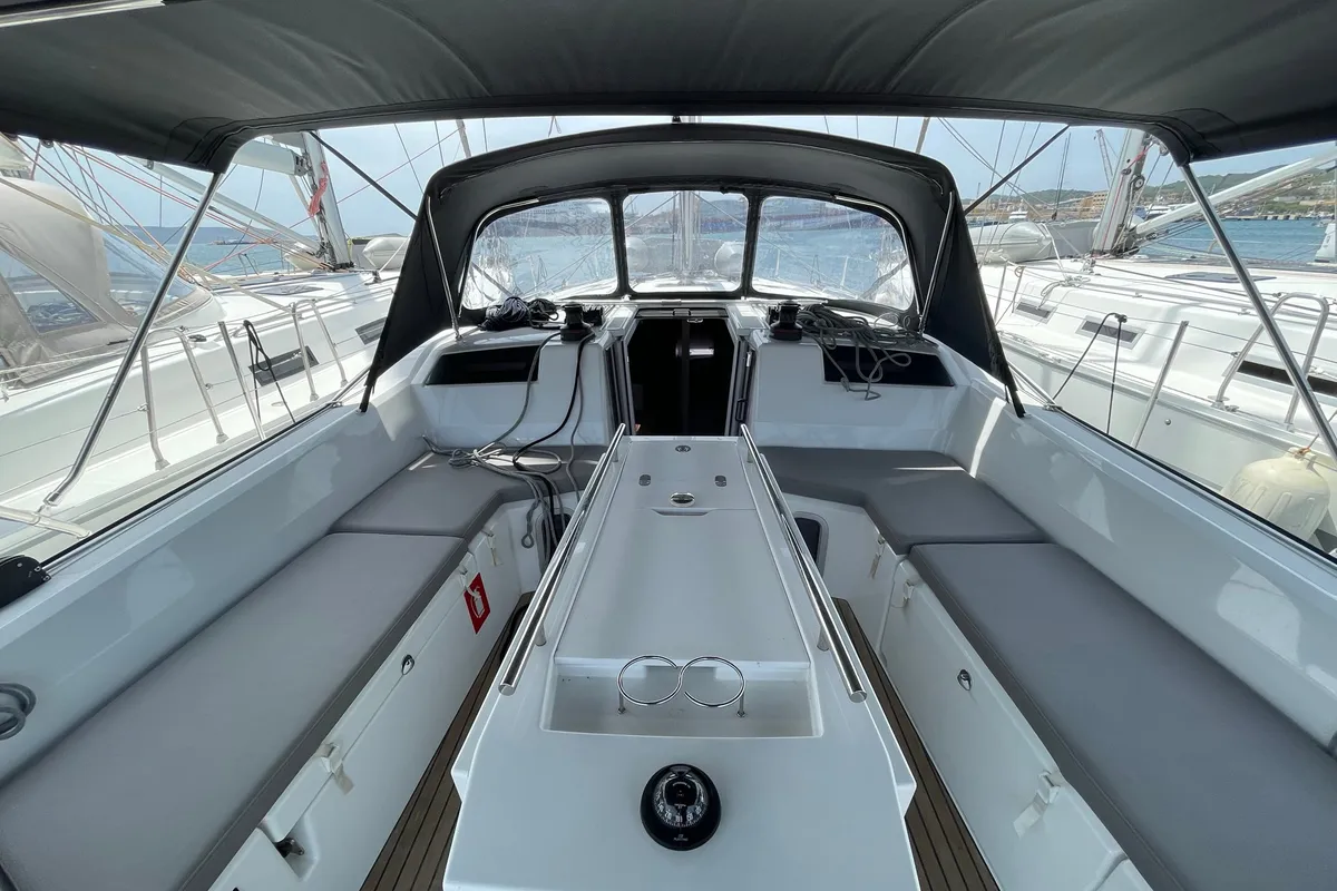 Cockpit of LOL, a Beneteau Oceanis 40.1 sailboat at Lavreotiki, Greece
