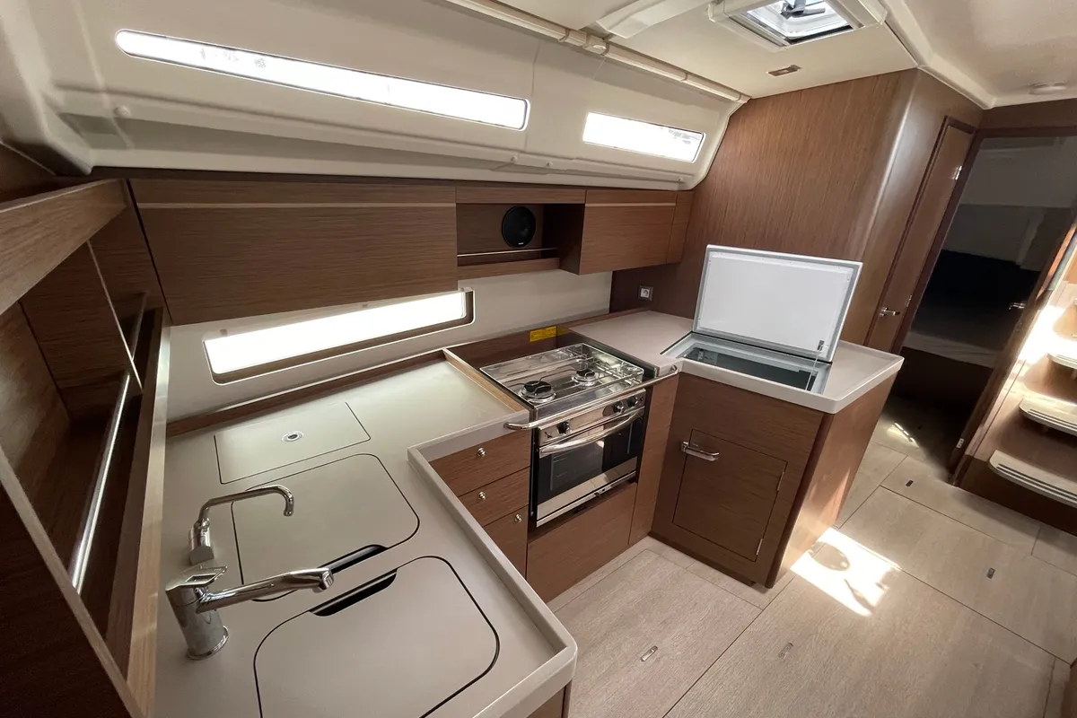 Galley of LOL, a Beneteau Oceanis 40.1 sailboat at Lavreotiki, Greece