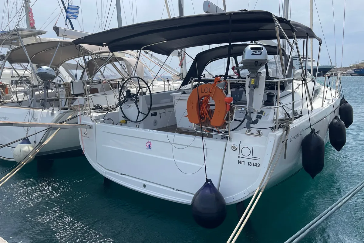 Cockpit of LOL, a Beneteau Oceanis 40.1 sailboat at Lavreotiki, Greece