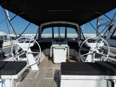 Cockpit of Daphne, a Beneteau Oceanis 46.1 sailboat at Capo d'Orlando, Italy