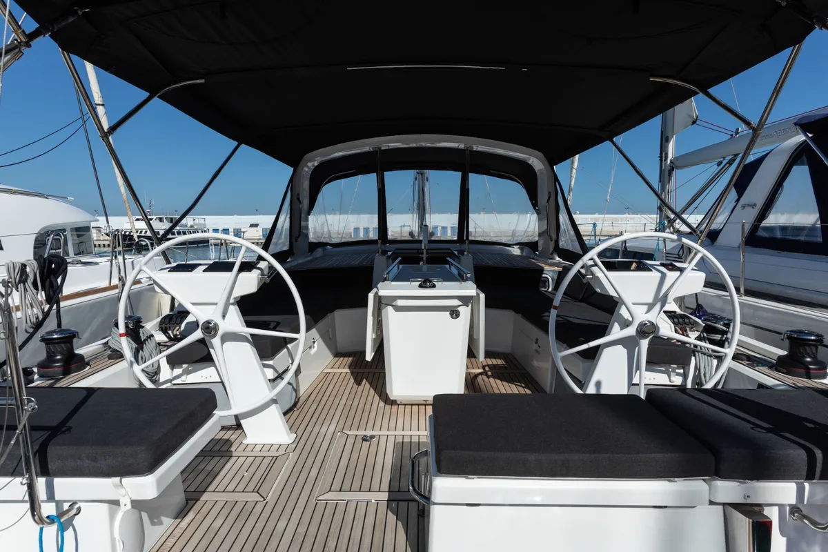 Cockpit of Daphne, a Beneteau Oceanis 46.1 sailboat at Capo d'Orlando, Italy