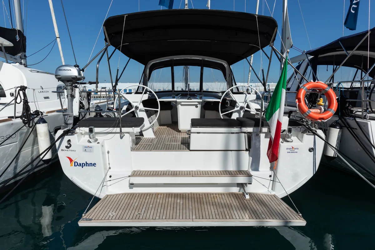Exterior view of Daphne, a Beneteau Oceanis 46.1 sailboat at Capo d'Orlando, Italy