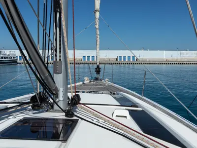 Deck of Daphne, a Beneteau Oceanis 46.1 sailboat at Capo d'Orlando, Italy