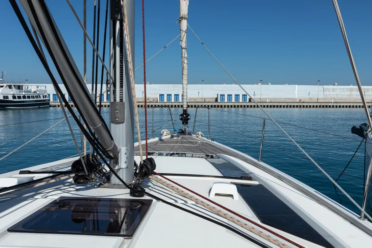 Deck of Daphne, a Beneteau Oceanis 46.1 sailboat at Capo d'Orlando, Italy