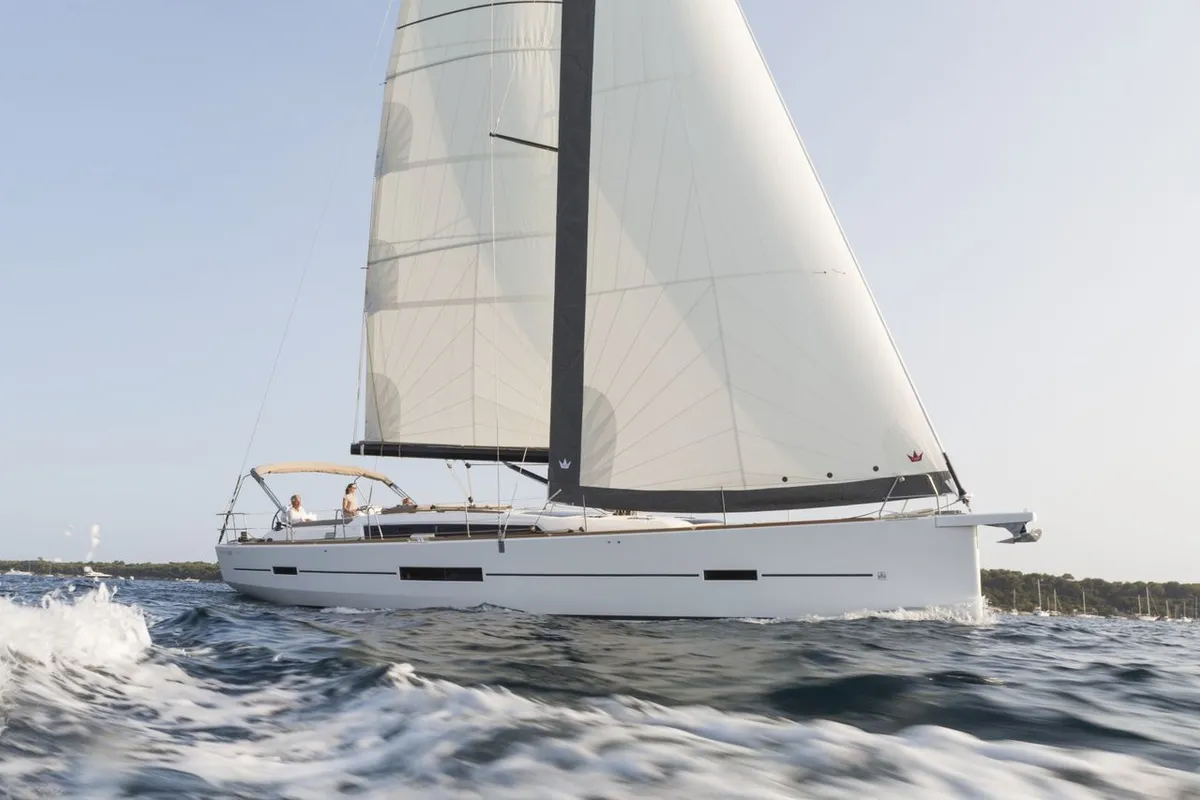 Exterior view of Anima, a Dufour 520 GL - 4. cab sailboat at Kontokali, Greece