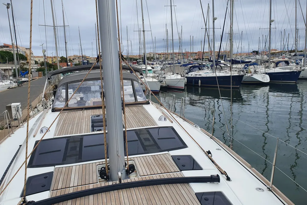 Deck of Anima, a Dufour 520 GL - 4. cab sailboat at Kontokali, Greece
