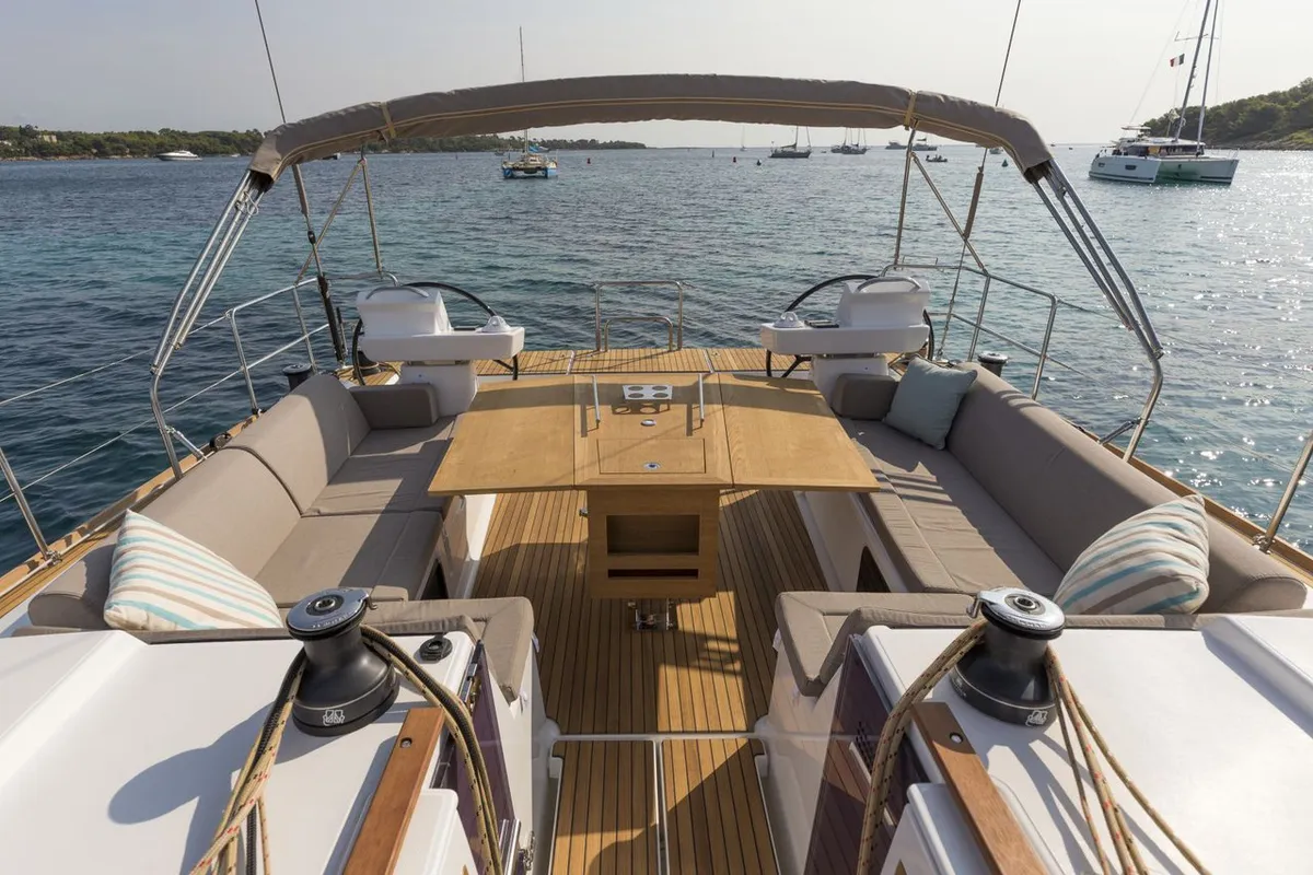 Deck of Anima, a Dufour 520 GL - 4. cab sailboat at Kontokali, Greece